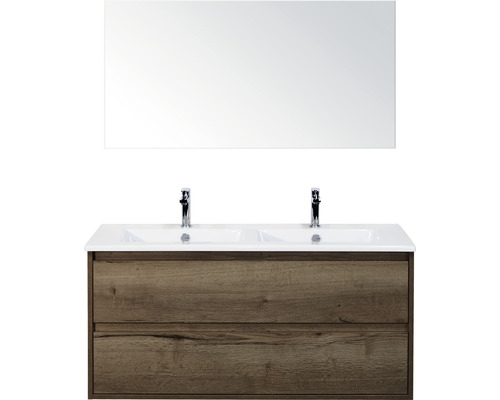 Set de meubles de salle de bains Sanox Porto lxhxp 121 x 170 x 51 cm couleur de façade tabacco avec vasque céramique blanc et vasque double céramique miroir meuble sous vasque