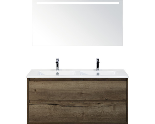 Set de meubles de salle de bains Sanox Porto lxhxp 121 x 170 x 51 cm couleur de façade tabacco avec vasque céramique blanc et vasque double céramique miroir avec éclairage LED meuble sous vasque