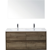 Badmöbelset 3-teilig Doppelbadmöbel Sanox Porto BxHxT 121 x 170 x 51 cm Frontfarbe tabacco weiß und Keramik-Doppelwaschtisch Spiegel Waschtischunterschrank Griff chrom matt 84731239