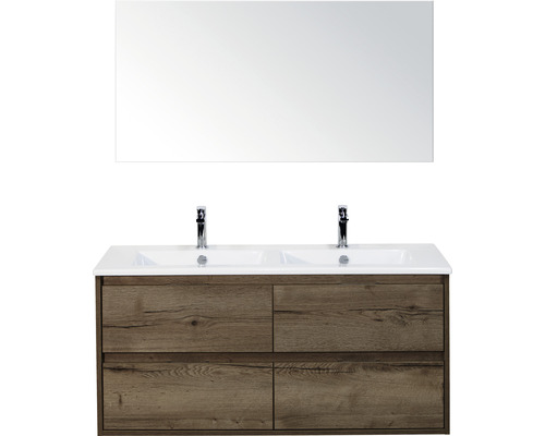 Set de meubles de salle de bains Sanox Porto lxhxp 121 x 170 x 51 cm couleur de façade tabacco avec vasque céramique blanc et vasque double céramique miroir meuble sous vasque