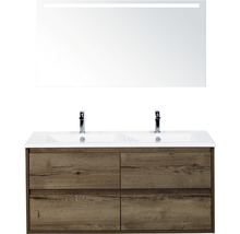 Badmöbelset 3-teilig Doppelbadmöbel Sanox Porto BxHxT 121 x 170 x 51 cm Frontfarbe tabacco Keramik weiß und Keramik-Doppelwaschtisch Spiegel mit LED-Beleuchtung Waschtischunterschrank Griff chrom matt 84731339