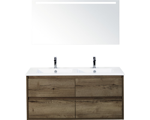 Badmöbelset 3-teilig Doppelbadmöbel Sanox Porto BxHxT 121 x 170 x 51 cm Frontfarbe tabacco Keramik weiß und Keramik-Doppelwaschtisch Spiegel mit LED-Beleuchtung Waschtischunterschrank Griff chrom matt 84731339 Doppelwaschtisch mit Holzunterschrank und beleuchtetem Spiegel für das Badezimmer