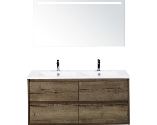 Set de meubles de salle de bains Sanox Porto lxhxp 121 x 170 x 51 cm couleur de façade tabacco avec vasque céramique blanc et vasque double céramique miroir avec éclairage LED meuble sous vasque