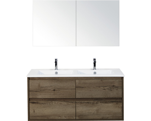 Badmöbelset 3-teilig Doppelbadmöbel Sanox Porto BxHxT 121 x 170 x 51 cm Frontfarbe tabacco mit Waschtisch Keramik weiß Griff chrom matt 84731439 Badezimmer Waschtisch mit Spiegel, Doppelwaschbecken und Holzoptik Unterschrank