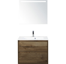 Badmöbel-Set Sanox Porto BxHxT 70,5 x 170 x 50,5 cm Frontfarbe tabacco mit Waschtisch Mineralguss weiß und Mineralguss-Waschtisch Spiegel mit LED-Beleuchtung Waschtischunterschrank