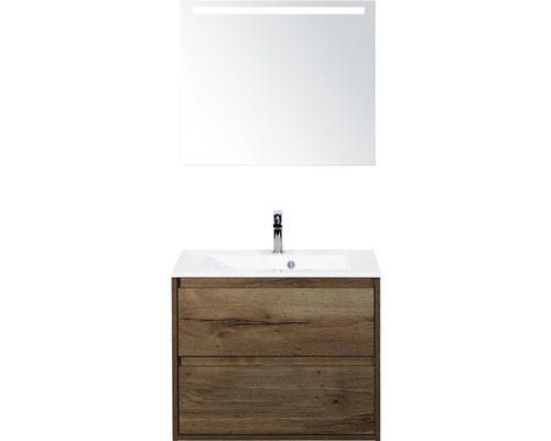 Badmöbel-Set Sanox Porto BxHxT 70,5 x 170 x 50,5 cm Frontfarbe tabacco mit Waschtisch Mineralguss weiß und Mineralguss-Waschtisch Spiegel mit LED-Beleuchtung Waschtischunterschrank