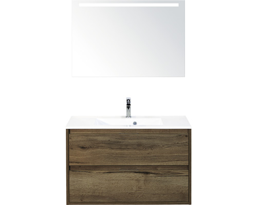 Badmöbel-Set Sanox Porto BxHxT 90,5 x 170 x 50,5 cm Frontfarbe tabacco mit Waschtisch Mineralguss weiß und Mineralguss-Waschtisch Spiegel mit LED-Beleuchtung Waschtischunterschrank