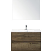 Combinaison de lavabo avec armoire de toilette, aspect bois et lavabo blanc