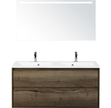 Badmöbelset 3-teilig Doppelbadmöbel Sanox Porto BxHxT 120,5 x 170 x 50,5 cm Frontfarbe tabacco mit Waschtisch Mineralguss weiß und Mineralguss-Doppelwaschtisch Spiegel mit LED-Beleuchtung Waschtischunterschrank Griff chrom matt 84730739