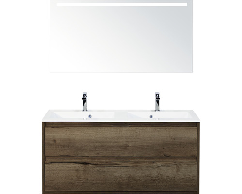 Badmöbel-Set Sanox Porto BxHxT 120,5 x 170 x 50,5 cm Frontfarbe tabacco mit Waschtisch Mineralguss weiß und Mineralguss-Doppelwaschtisch Spiegel mit LED-Beleuchtung Waschtischunterschrank