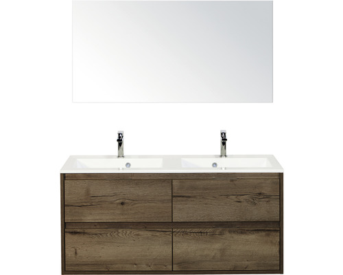 Set de meubles de salle de bains Sanox Porto lxhxp 120,5 x 170 x 50,5 cm couleur de façade tabacco avec vasque en fonte minérale blanc et vasque double en fonte minérale miroir meuble sous vasque