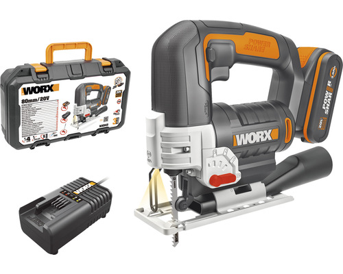 Akku-Pendelhubstichsäge WORX 20V 80mm WX543, inkl. Koffer, 1 x 2Ah Akku und 1 Schnellladegerät