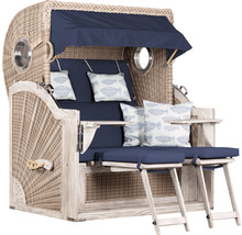 Bain de soleil de plage en rotin avec toit en tissu bleu, rembourrage et repose-pieds