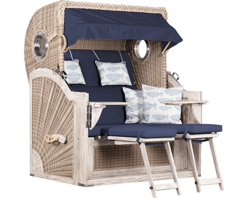 Bain de soleil de plage en rotin avec toit en tissu bleu, rembourrage et repose-pieds