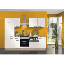 Moderne Küche mit Einbaugeräten und hellen Fronten vor farbiger Wand