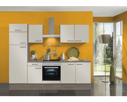 Geräten Küchenzeile - HORNBACH 270 Luxemburg Korpusfarbe Arta288 cm Frontfarbe glänzend trüffel eiche sahara-beige mit Optifit zerlegt
