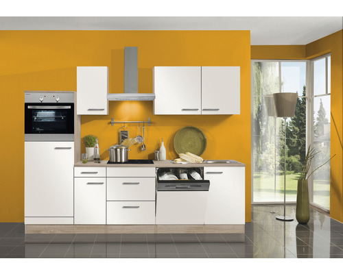 Optifit Küchenzeile mit Geräten Dakar286 270 cm Frontfarbe weiß glänzend  Korpusfarbe eiche hell zerlegt - HORNBACH Luxemburg