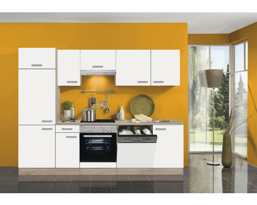 Optifit Küchenzeile mit Geräten Zamora214 270 cm Frontfarbe weiß matt Korpusfarbe eiche hell zerlegt
