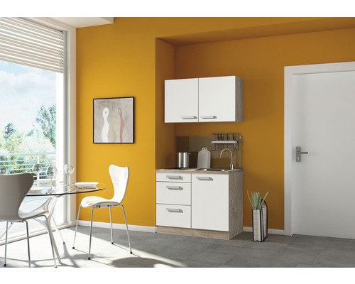 Kitchenette équipée Optifit Zamora214 100 cm façade blanche mate, corps chêne clair variante réversible démonté