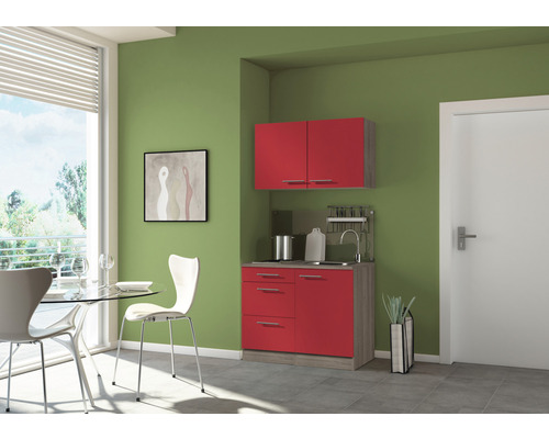 Optifit Miniküche mit Geräten Imola289 100 cm Frontfarbe rot glänzend  Korpusfarbe eiche trüffel zerlegt - HORNBACH Luxemburg