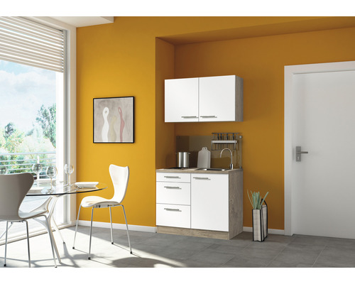 Kitchenette équipée Optifit Dakar286 100 cm façade blanche brillante , corps chêne clair variante réversible-0