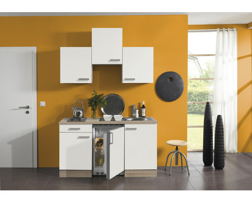 Cuisine de célibataire équipée Optifit Zamora214 150 cm façade blanche mate, corps chêne clair variante réversible démonté