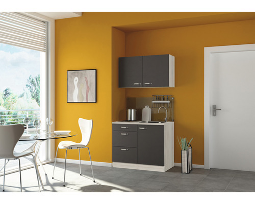 Kitchenette équipée Optifit Faro220 100 cm façade anthracite mate, corps acacia variante réversible