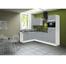 Moderne Küche mit grauen Schränken, Dunstabzugshaube und Backofen.