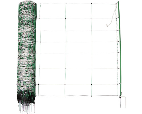 Schafnetz TopLine Plus Net Doppelspitze 50 m x 108 cm grün Geflügelnetz, teilweise ausgerollt mit Pfosten