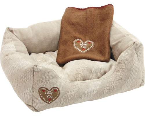 Lit douillet Love You avec couverture polaire 61 x 48 x 18 cm beige Panier pour chien avec coussin et application en forme de cœur