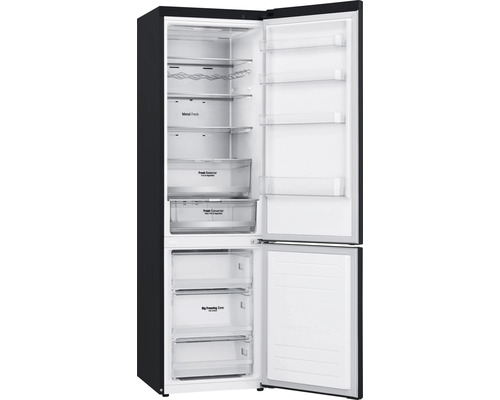 Réfrigérateur-congélateur ouvert, intérieur avec compartiments et tiroirs