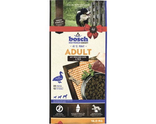 Croquettes pour chien Bosch adulte canard & riz 15 kg Aliment pour chien Bosch Adult au canard et au riz, 15 kilogrammes