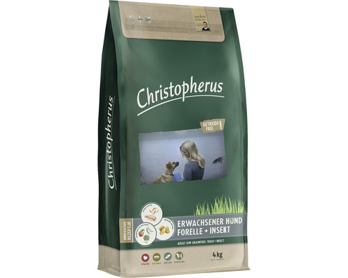 Croquettes pour chiens, Christopherus sans céréales, truite & insectes 4 kg