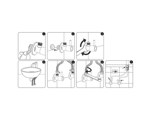 Montageanleitung für ein Waschbecken mit Eckventilen und flexiblen Anschlussschläuchen.