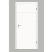 Porte intérieure blanche avec lignes décoratives horizontales et poignée de porte argentée