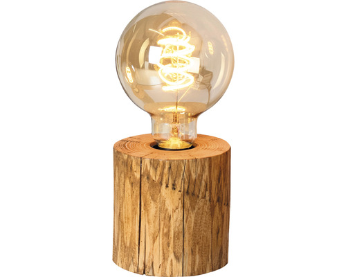 Tischleuchte mit Holzfuß und Glühbirne