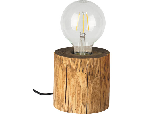 Tischleuchte mit Holzfuß und Glühbirne