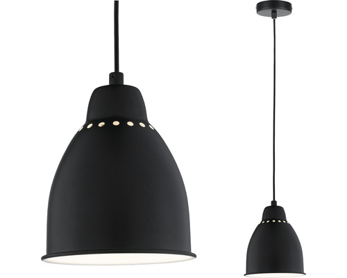 Schwarze Pendelleuchte mit dekorativen Akzenten.