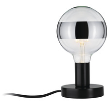 Tischleuchte mit klarem Glaskolben und schwarzem Sockel