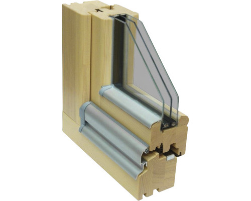 Querschnitt eines Holzfensters mit Dreifachverglasung