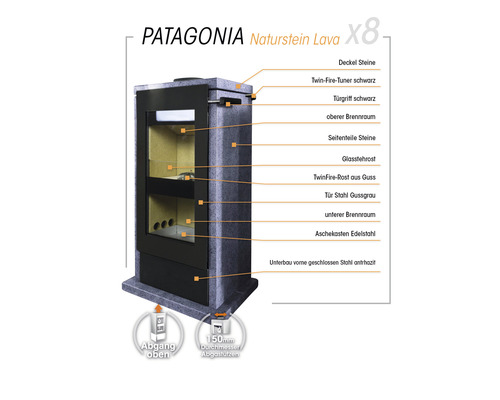 Detailansicht Kaminofen Patagonia Naturstein Lava X8 mit Produktinformationen