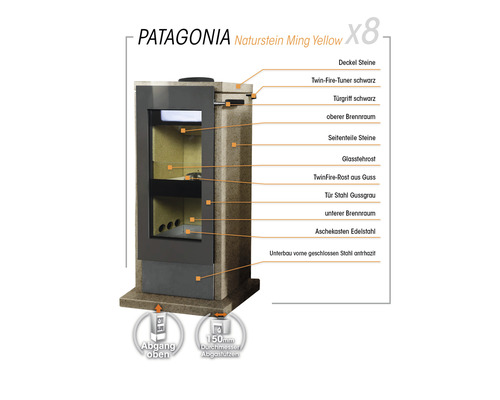 Patagonia Kaminofen mit Naturstein Ming Yellow Verkleidung und technischen Details