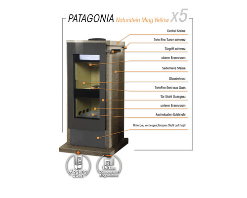 Patagonia Kaminofen mit Natursteinverkleidung Ming Yellow und technischen Details