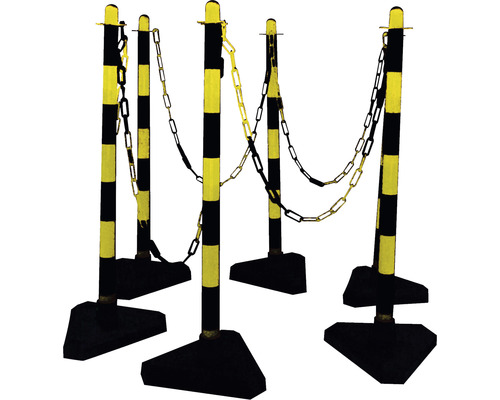 Ensemble de poteaux pour chaîne en plastique Ø 40 90 cm jaune et noir base triangulaire, chaîne de délimitation et éléments de raccord