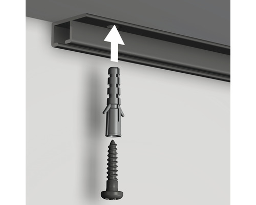 Montageanleitung für eine Schiene mit Dübel und Schraube