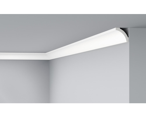Moulure de plafond pack pro D20 6 pces 2 m 50 x 50 mm Angle de pièce avec moulure décorative blanche installée