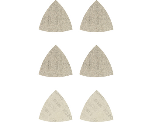 Feuille abrasive pour ponceuse triangulaire delta Bosch, 93x93x93 mm, grain 80/120/180, non perforé, 6 pièces