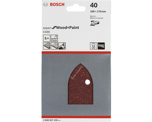 Bosch Expert Schleifblätter Wood and Paint C430, Körnung 40, 5 Stück, Größe 100x170 Millimeter