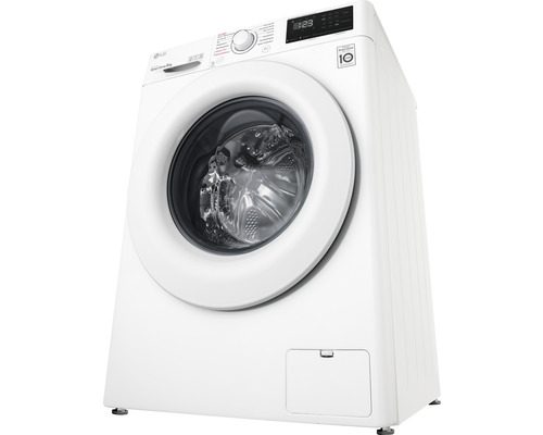 Freistehende weisse LG Waschmaschine mit geöffneter Tür.