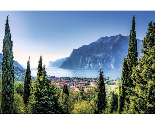 Leinwandbild Toscana Valley 150x100 cm Landschaft mit Zypressen, See und Bergen im Hintergrund